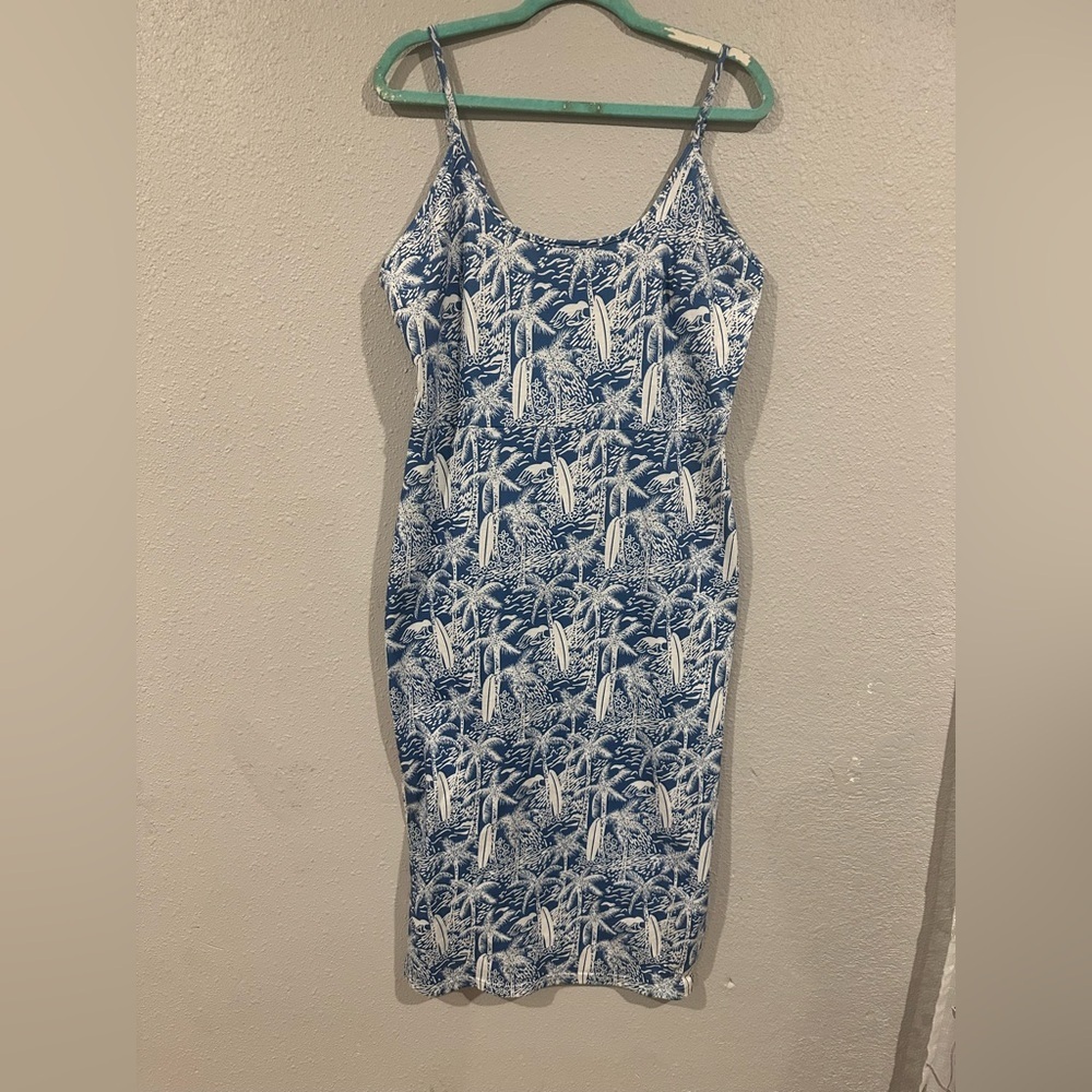 Grace Karin Blue and White Palm Print Midi Dress